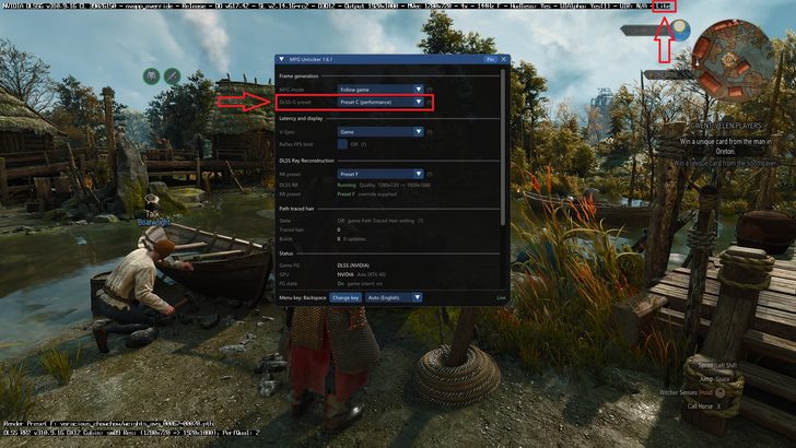 Une scène de The Witcher 3 montre l'interface MFG Unlocker 1.6.1 avec 'DLSS-G preset' sur 'Preset C (performance)' et 'DLSS Ray Reconstruction' utilisant 'Preset F', tandis qu'un personnage nommé Talk Boatwright est près d'un bateau.