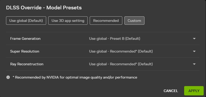 Un menu de paramètres intitulé 'DLSS Override - Model Presets' affiche des options pour Frame Generation, Super Resolution et Ray Reconstruction, avec des boutons 'Apply' et 'Cancel'.