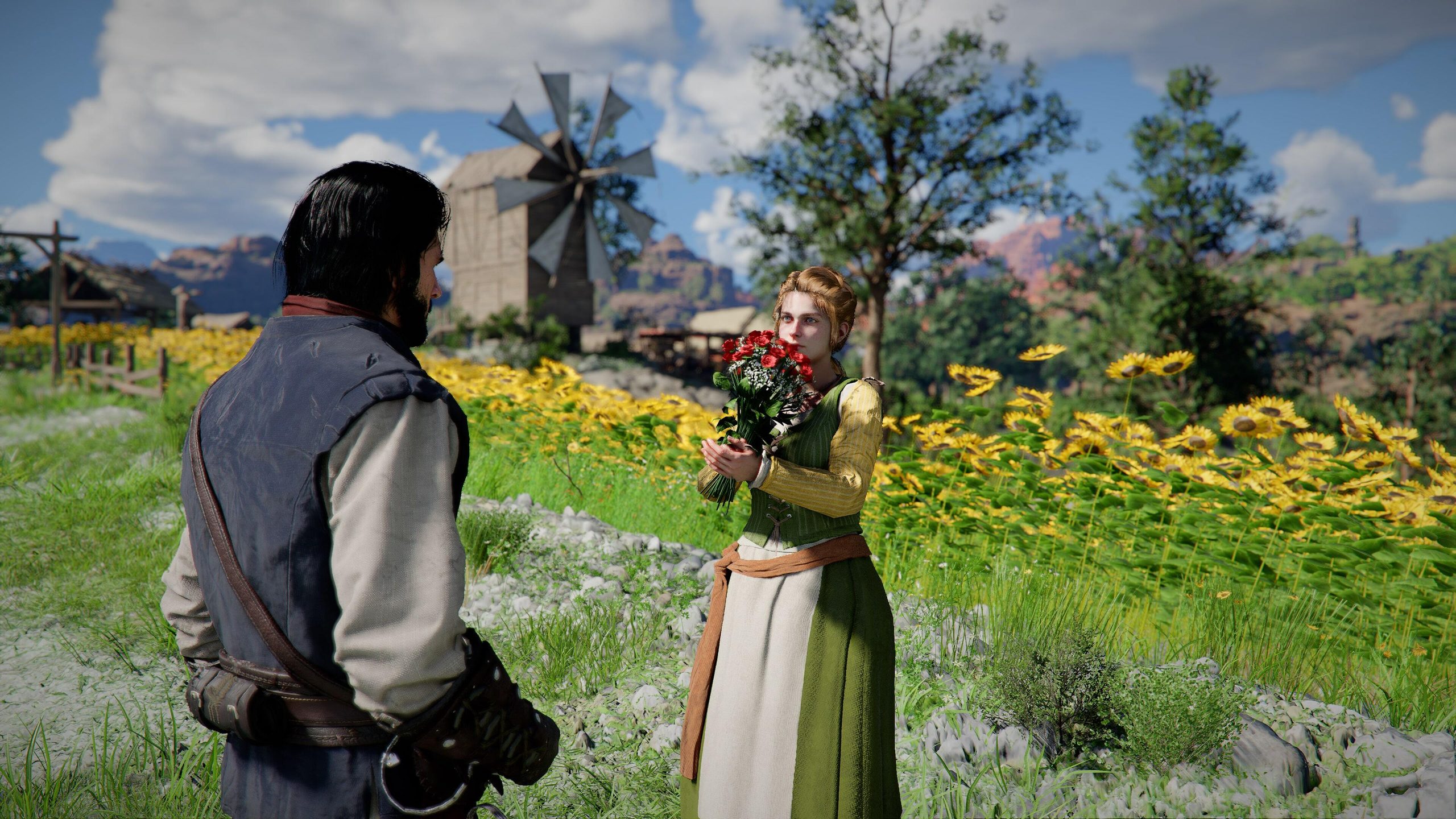 Un personnage de Crimson Desert interagit avec une femme tenant un bouquet, devant un champ de tournesols et un moulin.