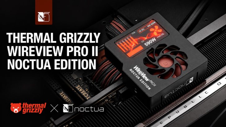 L'image montre un appareil Thermal Grizzly WireView Pro II Noctua Edition affichant '590W' sur une alimentation à l'intérieur d'un PC, avec les logos Thermal Grizzly et Noctua visibles.