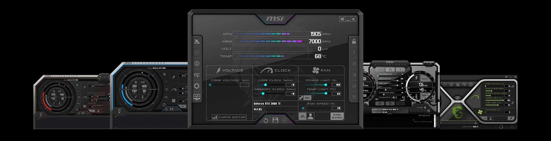 Une série d'interfaces logicielles MSI Afterburner affichant des informations GPU, incluant 'GeForce RTX 2080 TI' et des métriques comme la fréquence du cœur et la température.