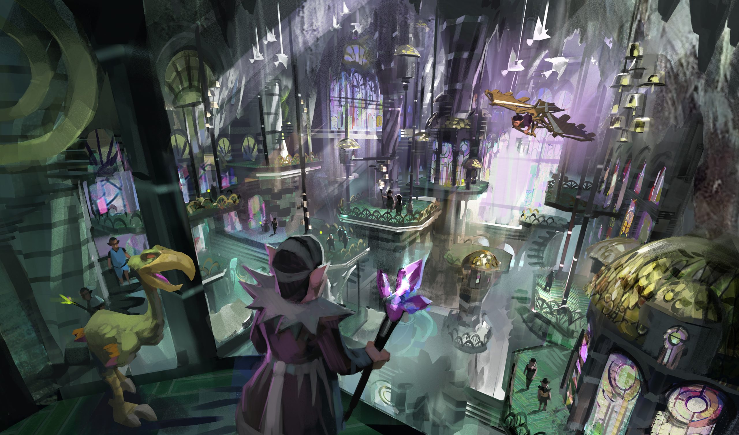 Un décor fantastique montre un personnage aux oreilles pointues tenant un bâton avec un cristal lumineux, surplombant une grande salle à plusieurs niveaux avec une architecture élaborée et une créature volante en arrière-plan.