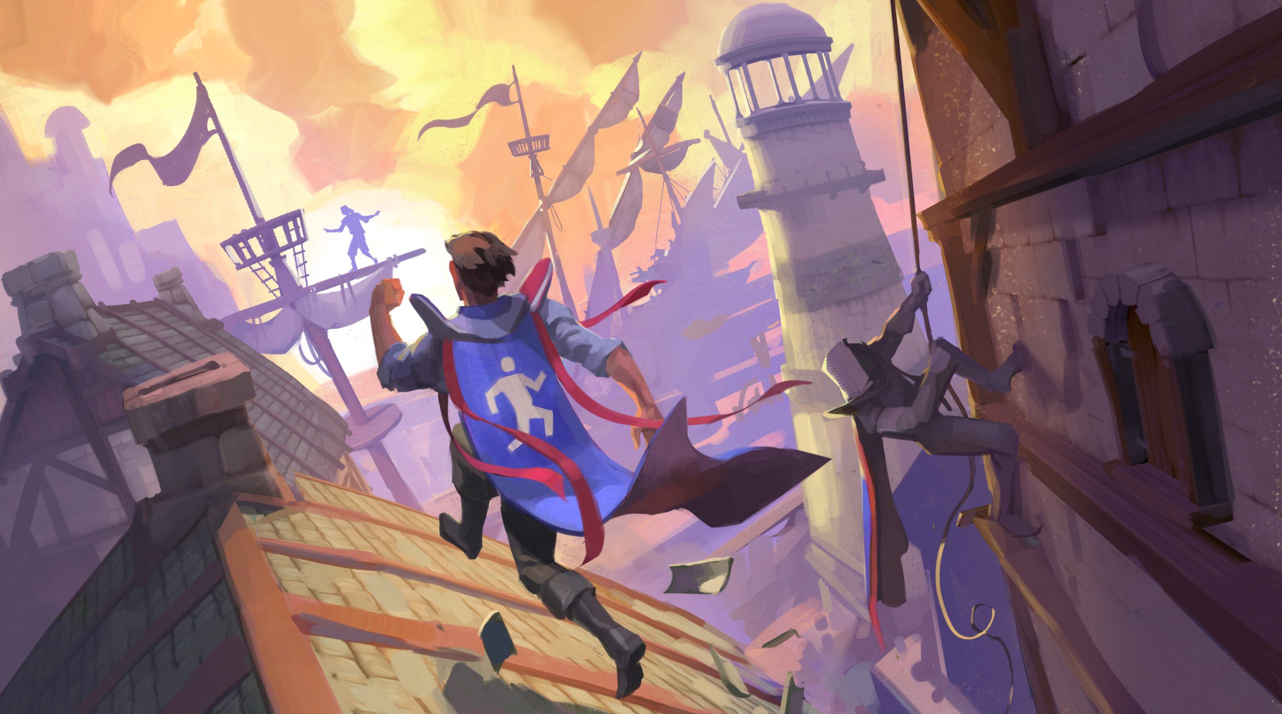 Un personnage avec une cape bleue marquée d'une icône blanche court sur un toit tandis qu'un autre descend en rappel le long d'un bâtiment, dans un paysage urbain fantastique stylisé.