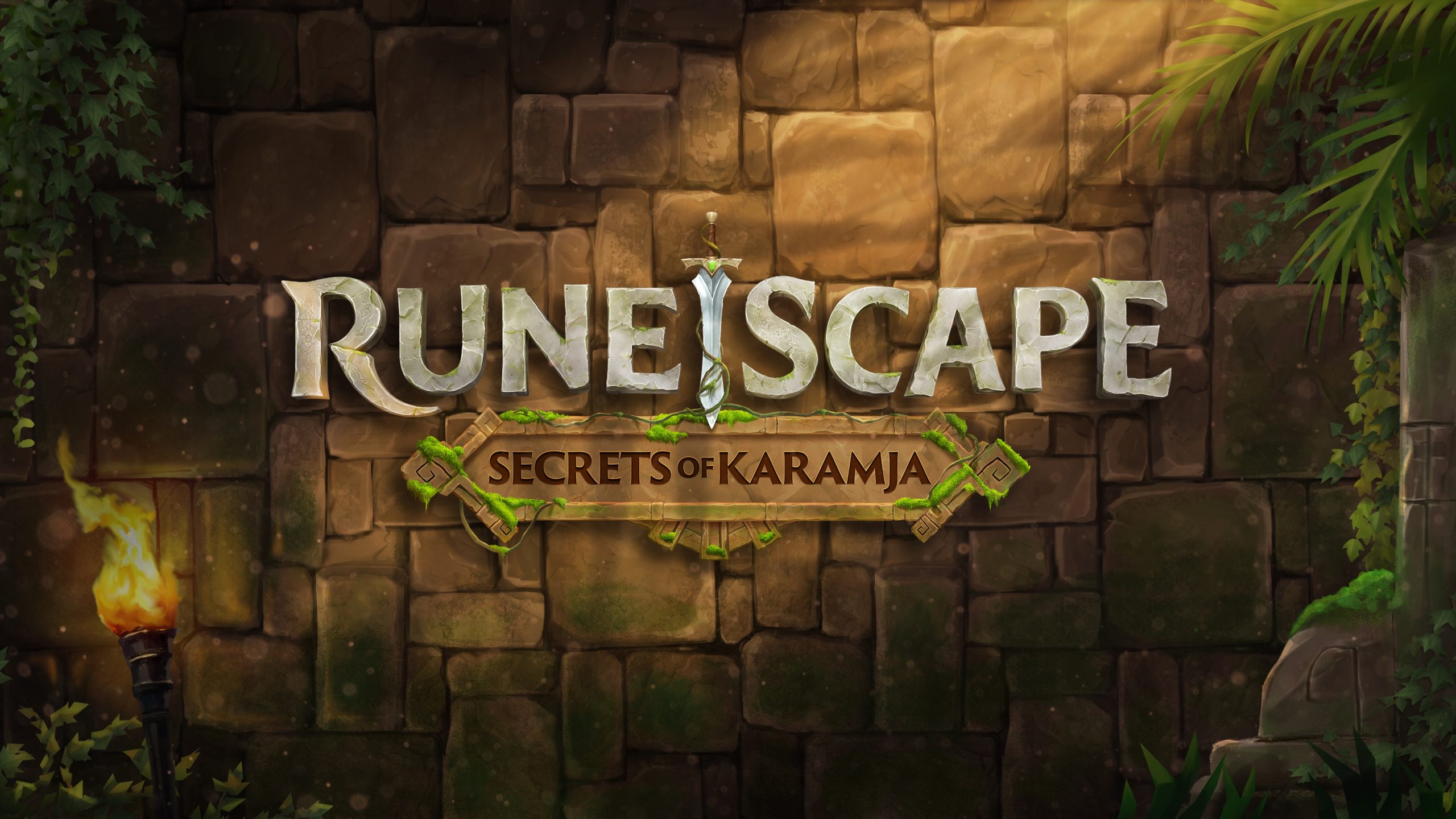 Le logo 'RuneScape: Secrets of Karamja' est affiché sur un fond de mur de pierre avec de la végétation et une torche enflammée à gauche.
