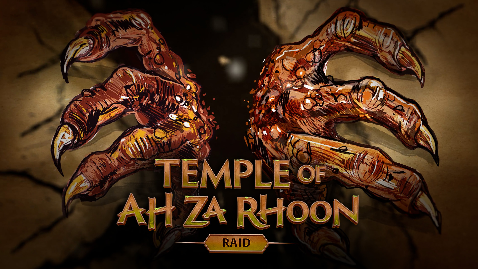 Une illustration de mains griffues avec le texte 'Temple of Ah Za Rhoon' et 'Raid' en dessous.