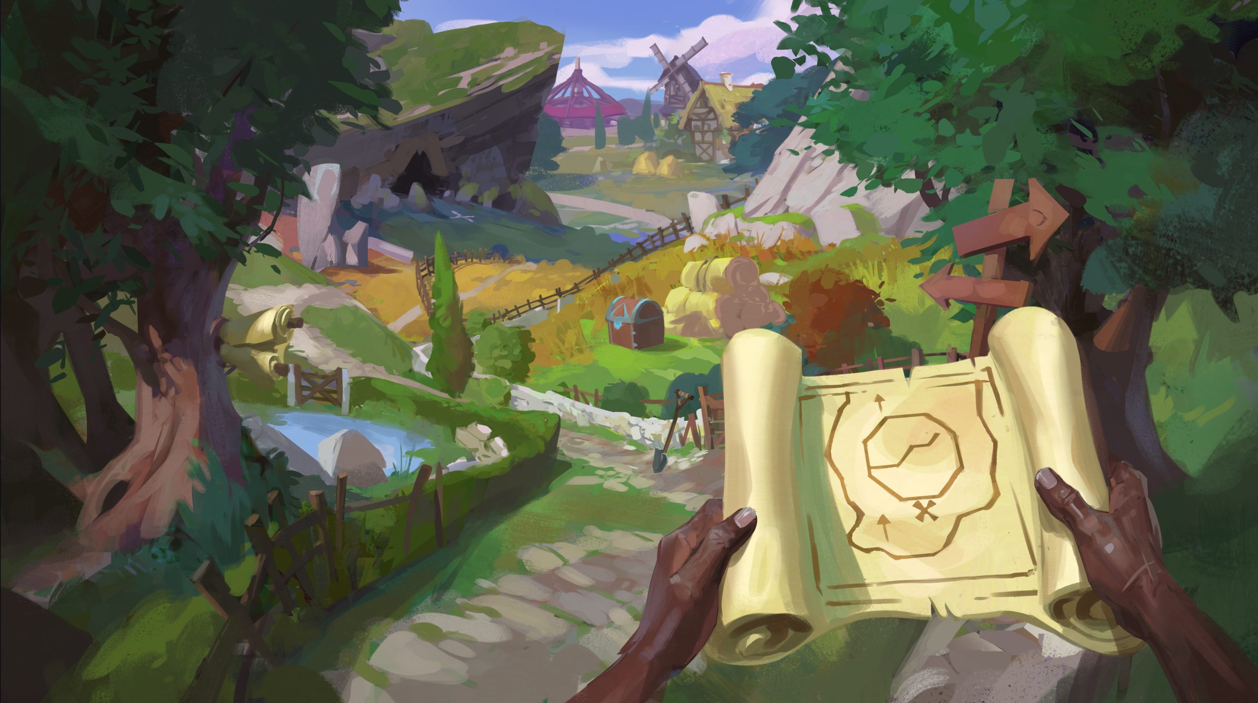 Un personnage dans un paysage coloré et stylisé tient une carte avec un chemin tracé, regardant vers un moulin et des bâtiments au loin.
