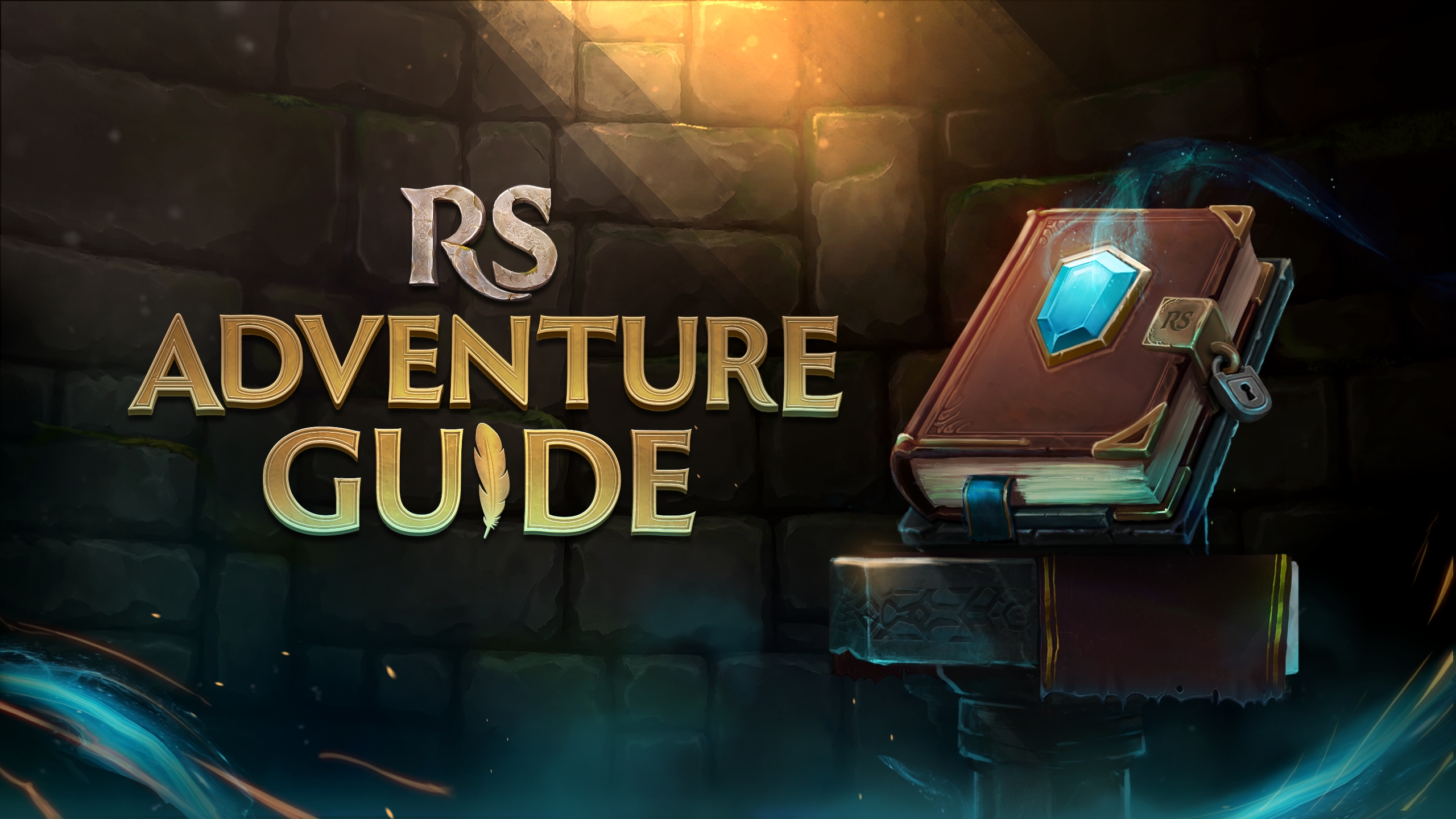 Un livre mystique orné d'une gemme bleue est posé sur un piédestal à côté du texte 'RS Adventure Guide', sur un fond de mur de pierre.