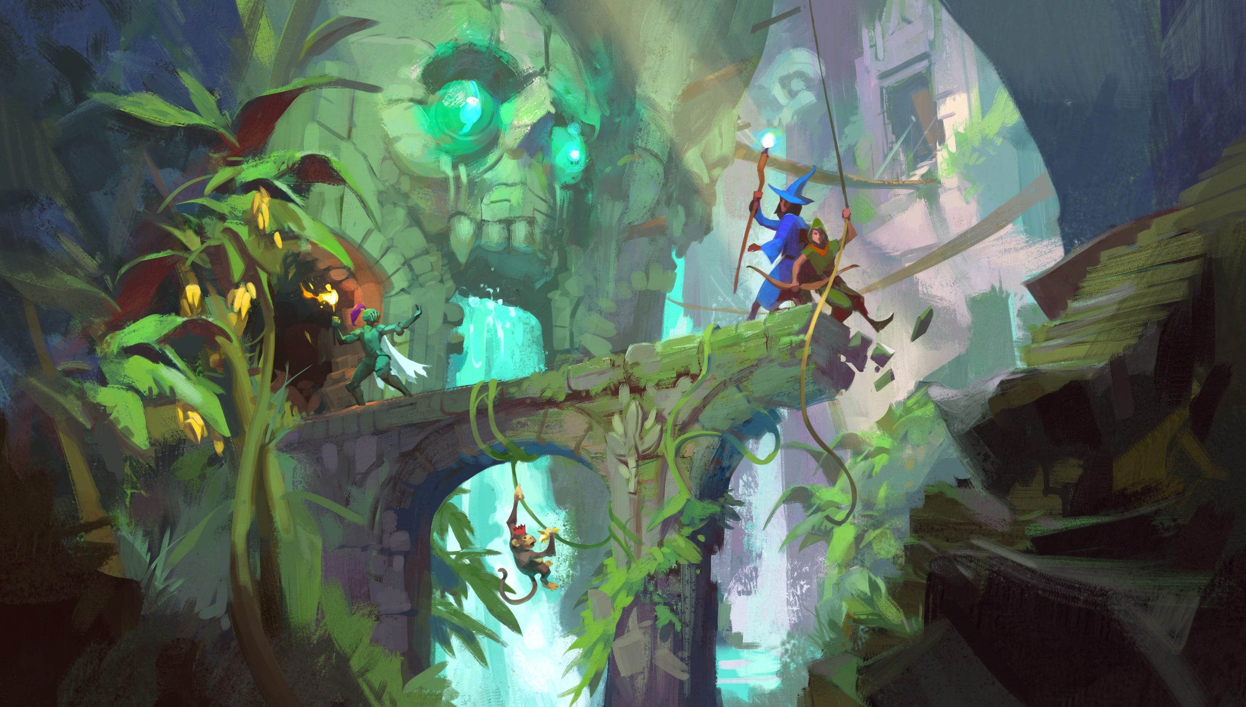 Une scène d'aventure du jeu Legend of the Jungle montre un magicien et un archer traversant un pont couvert de lianes avec une entrée de grotte en forme de crâne lumineux en arrière-plan.