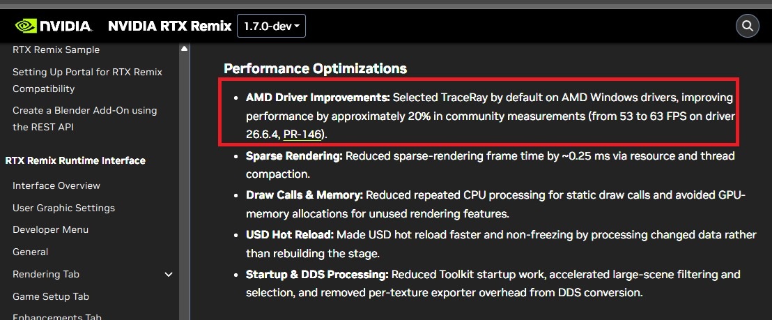L'interface NVIDIA RTX Remix affiche des 'Optimisations de Performance' incluant des 'Améliorations des Pilotes AMD' qui boostent les performances d'environ 20% sur des pilotes Windows AMD spécifiques.