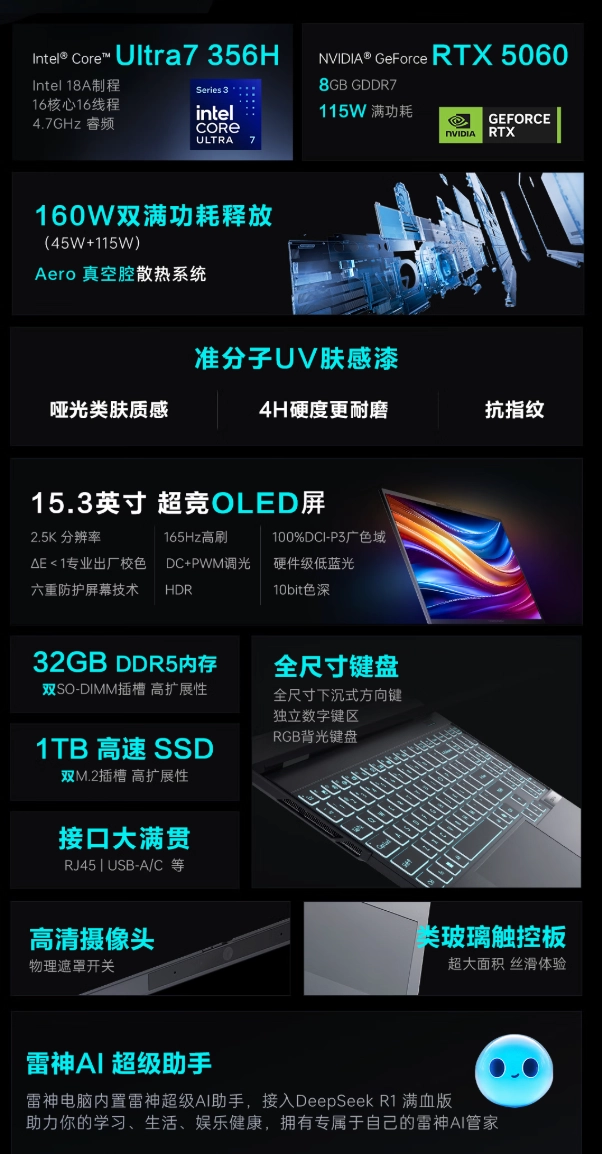 The image features specifications of a laptop showcasing an Intel Core Ultra7 356H CPU, an NVIDIA GeForce RTX 5060 GPU, a 15.3-inch OLED display, 32GB DDR5 memory, and a 1TB SSD, with additional features like an RGB keyboard and '160W双满功耗释放.'