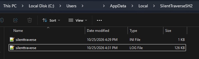 Fenêtre de l’Explorateur Windows montrant silenttraverse.ini et silenttraverse.log dans AppData\Local\SilentTraverseSH2.