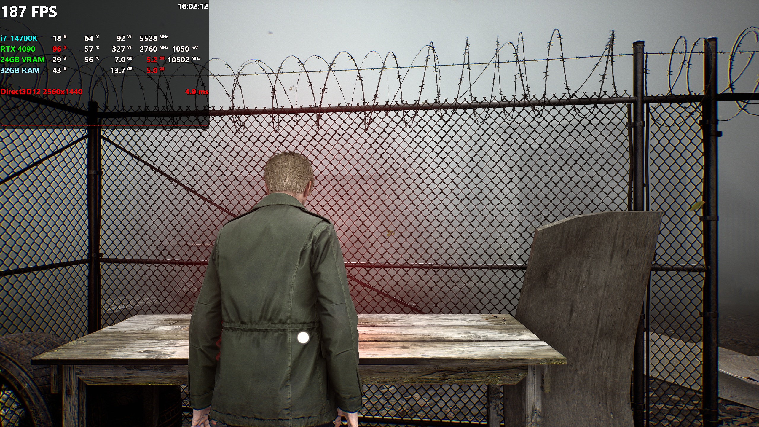 Un personnage en manteau se tient devant un grillage, avec des métriques affichées : Intel Core i7-14700K, RTX 4090, 187 FPS et résolution Direct3D12 2560x1440.