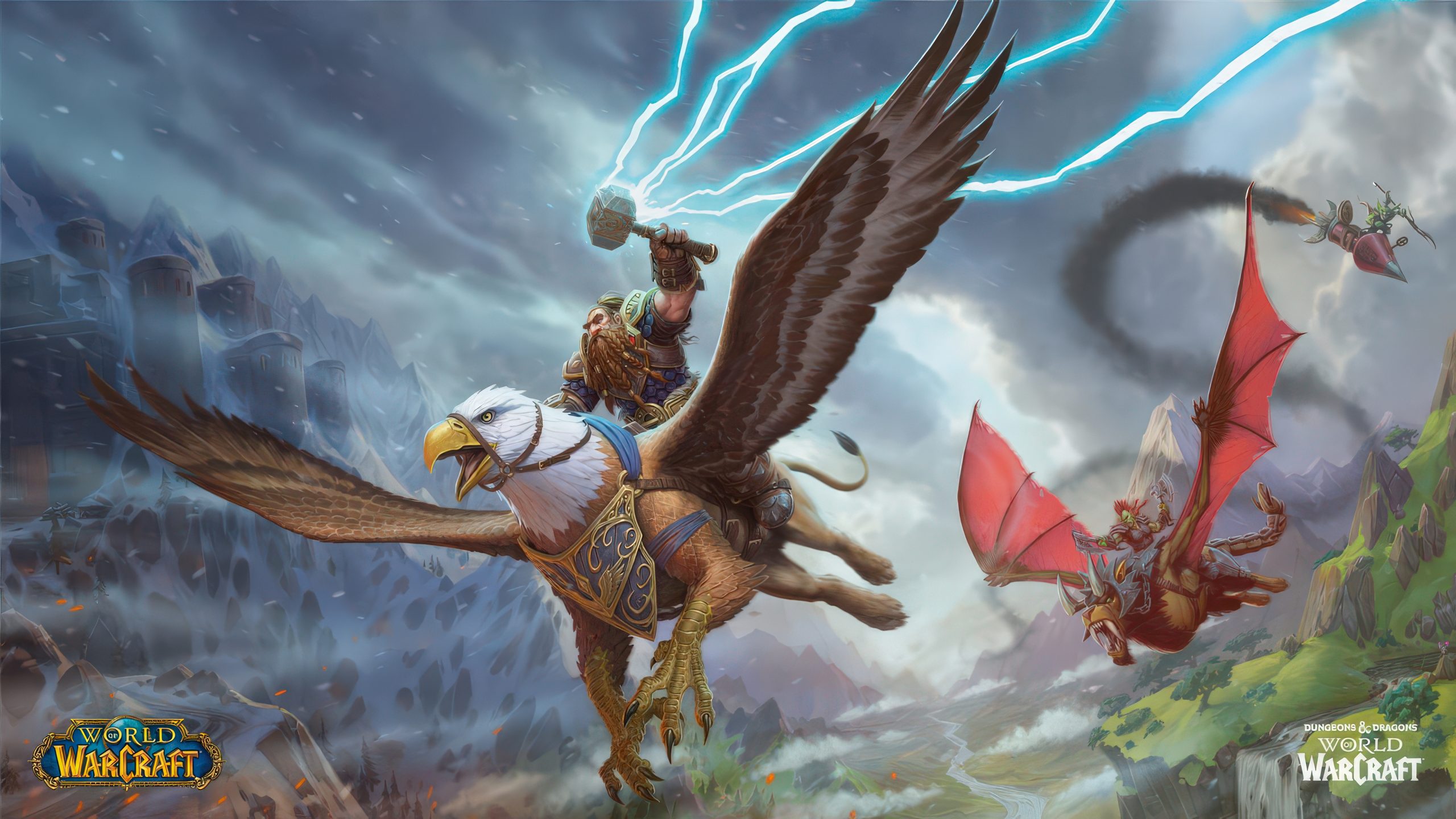 A character riding a gryphon wields a hammer with electricity in 'World of Warcraft,' while another character flies a red dragon, against a backdrop of snowy mountains and fortresses.