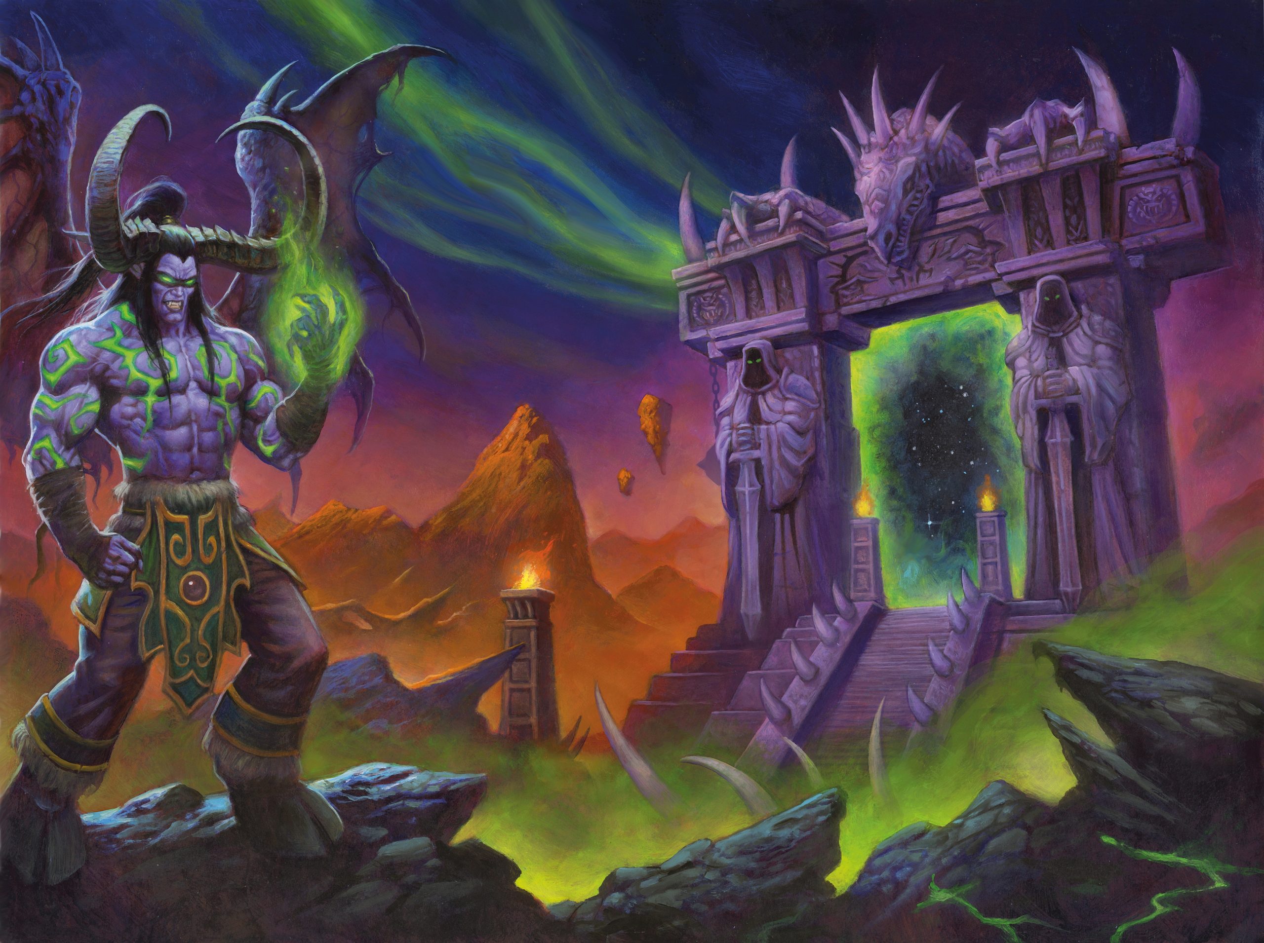 A character resembling Illidan Stormrage stands before a glowing portal called the Dark Portal in a fantasy landscape, with green energy swirling around.