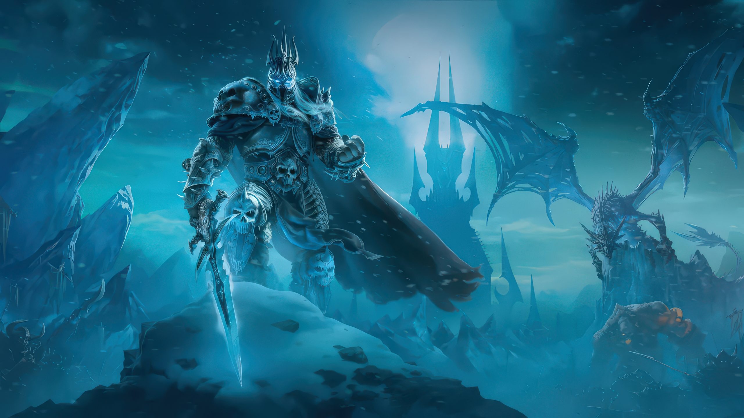 Arthas holding a sword stands in an icy, fantasy landscape with a dragon towering in the background.