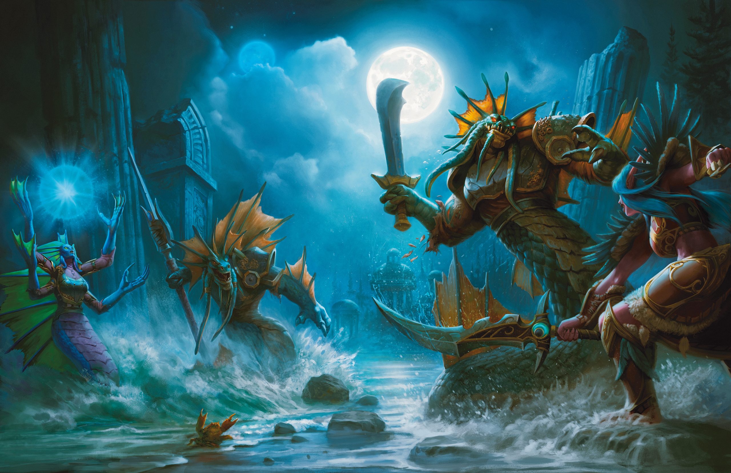 A fantasy battle scene from World of Warcraft showcases aquatic creatures and a night elf fighting under a moonlit sky.