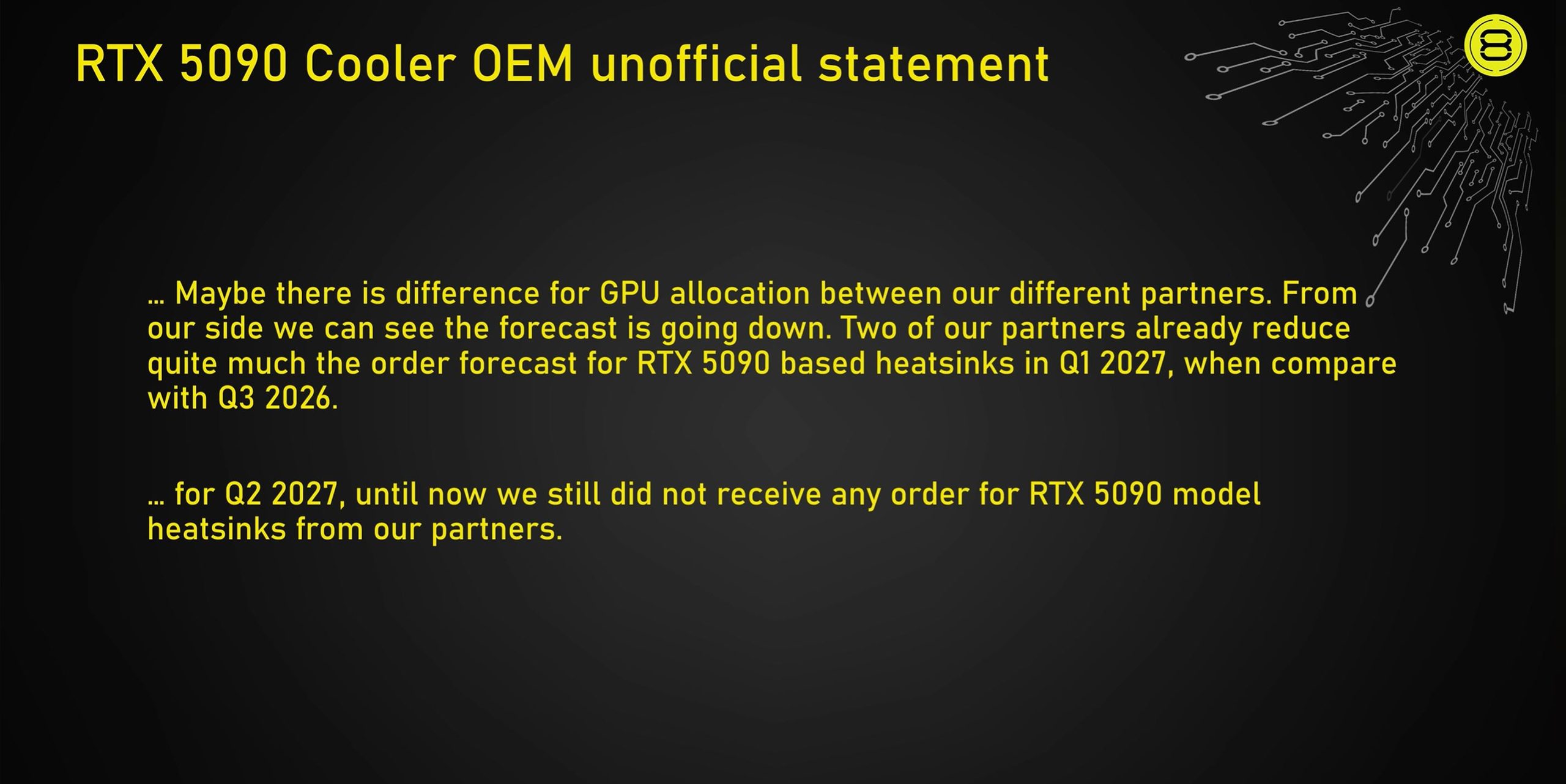 Une slide intitulée 'RTX 5090 Cooler OEM unofficial statement' évoque une réduction des prévisions de commandes de dissipateurs pour la RTX 5090 et l'absence de commandes pour le Q2 2027.
