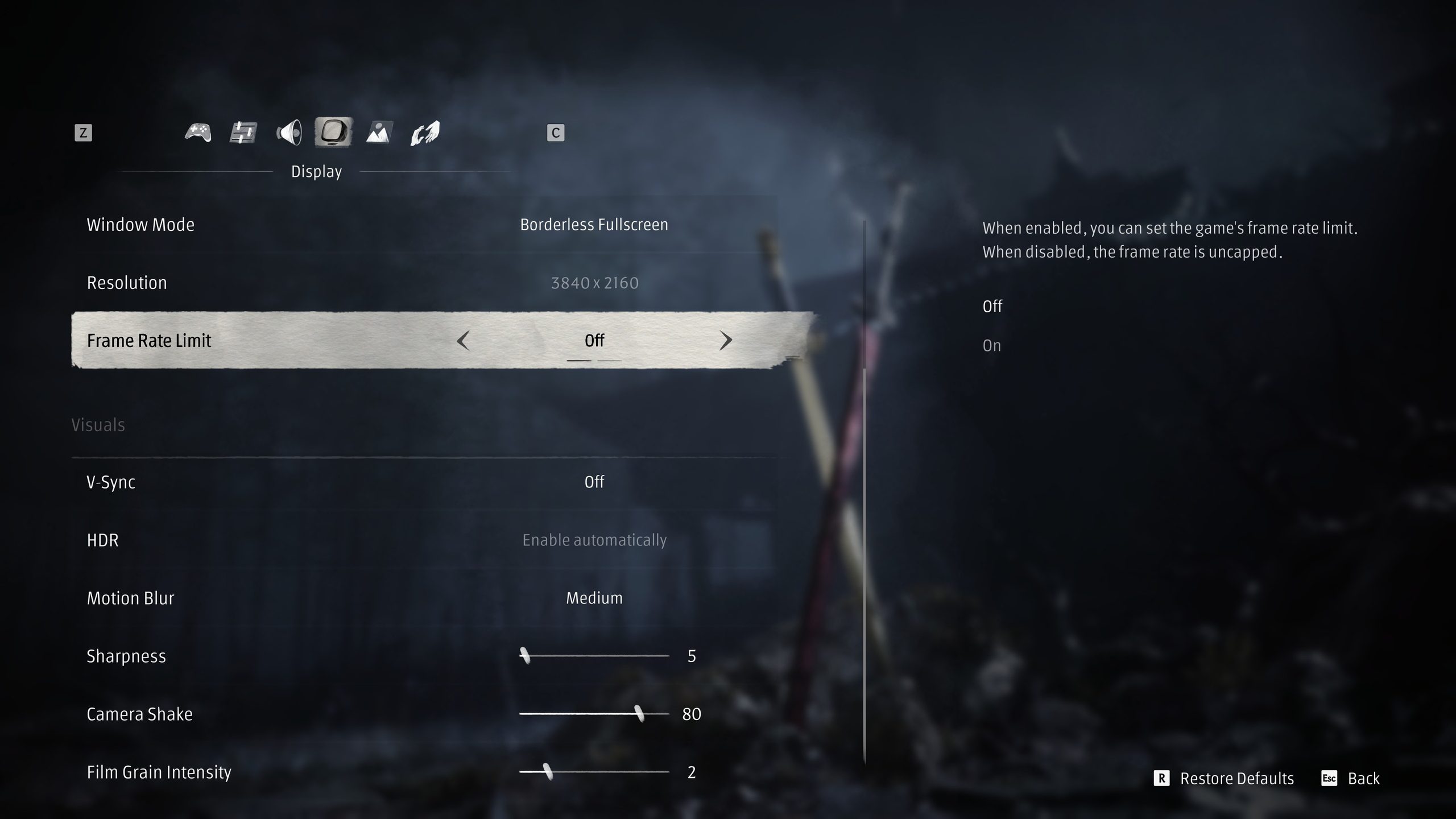 Menu des paramètres d'affichage avec la limite de fps désactivée et V-Sync off.