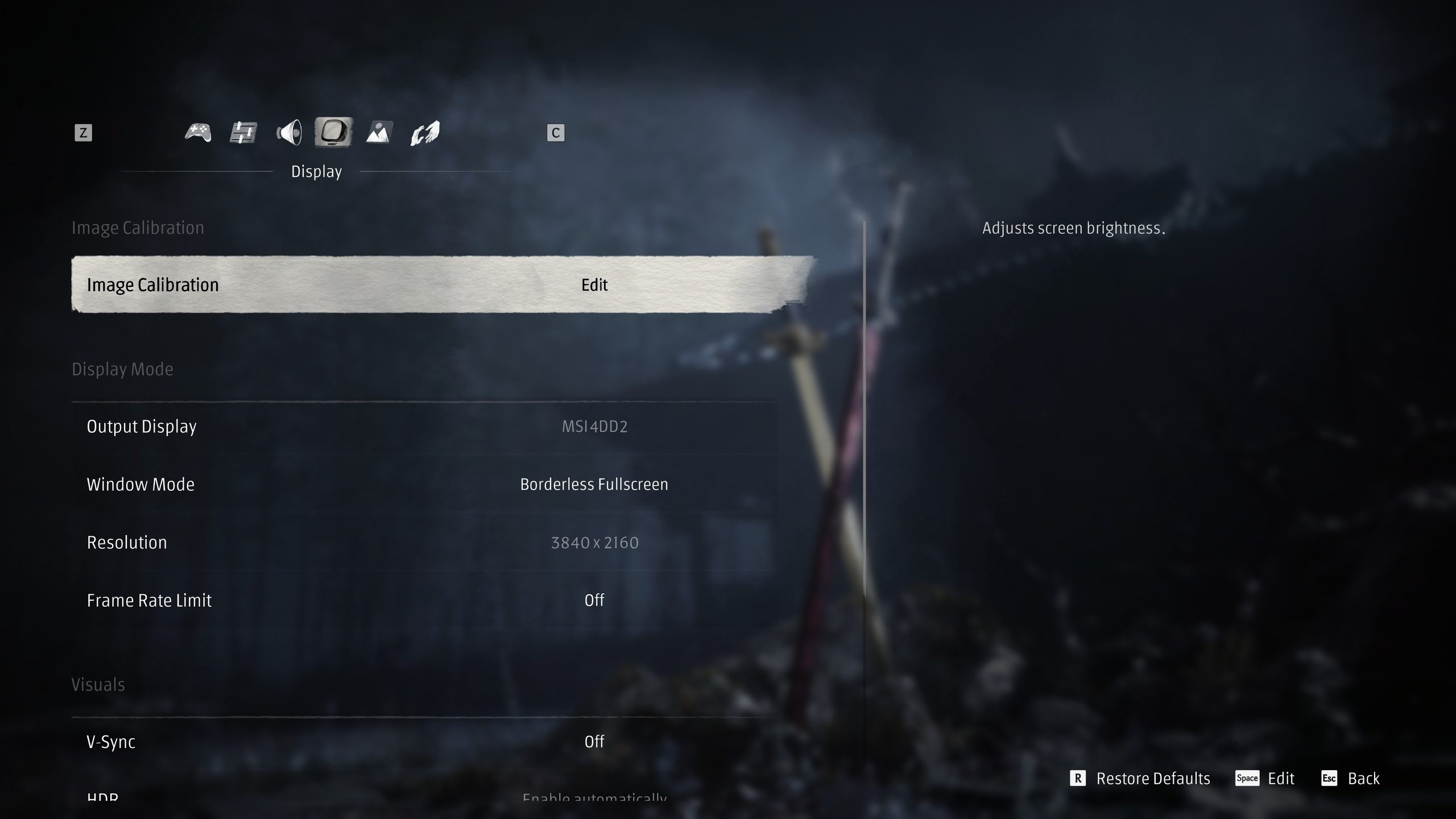 Menu des paramètres d'image montrant le mode d'affichage sans bordure en 3840x2160.