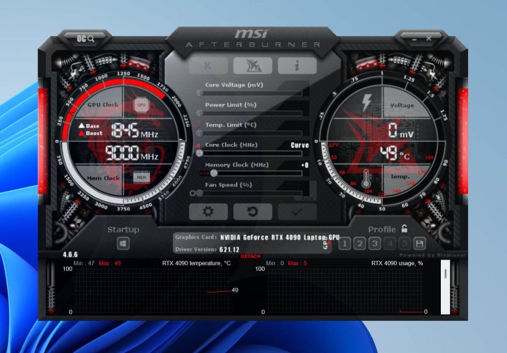 Interface MSI Afterburner affichant les fréquences d'une NVIDIA GeForce RTX 4090 Laptop GPU : 1845 MHz pour le GPU et 9000 MHz pour la mémoire.