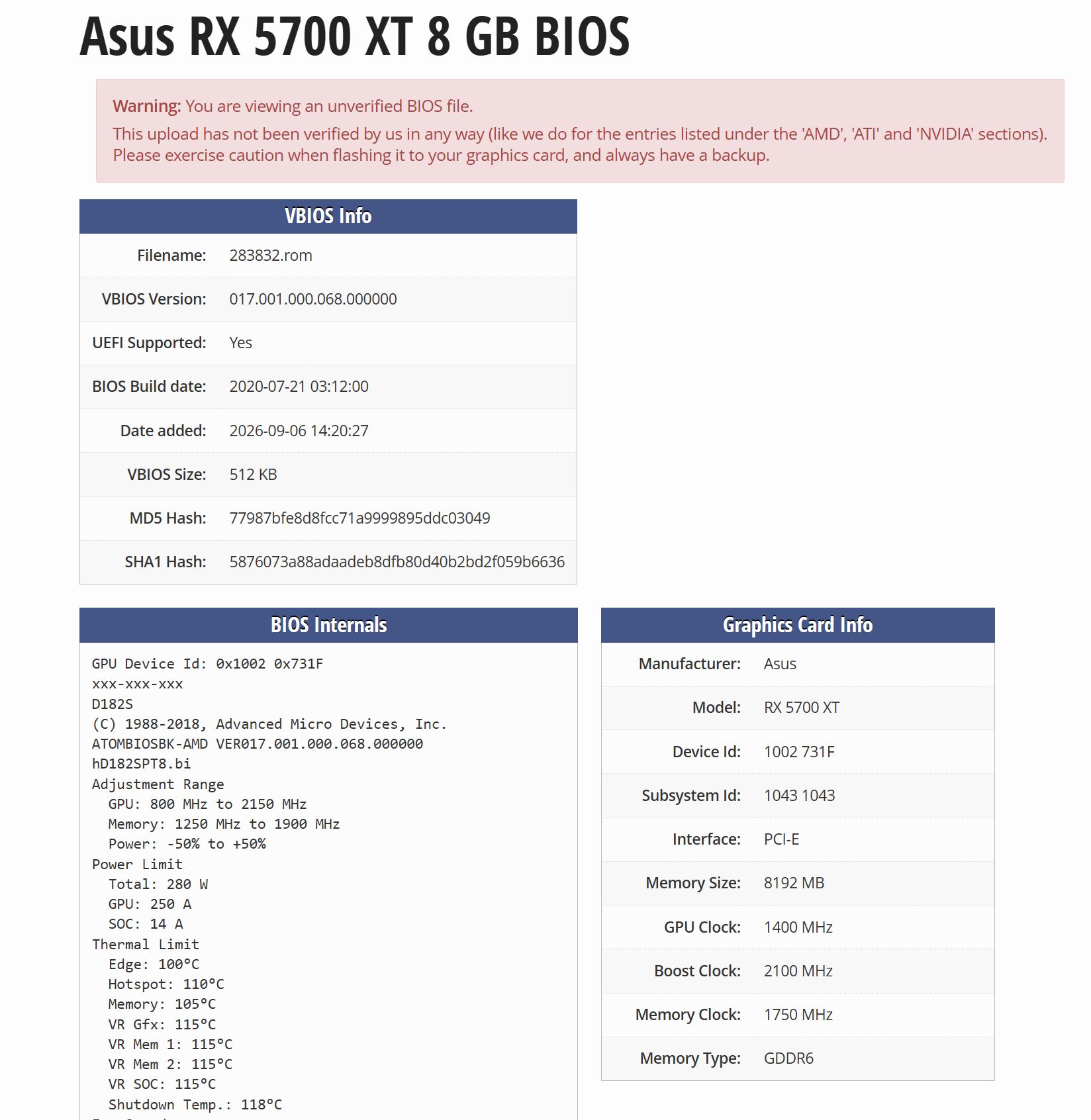Page web du BIOS de l'Asus RX 5700 XT 8 Go, montrant des informations détaillées comme une fréquence GPU de 1400 MHz et de la mémoire GDDR6.
