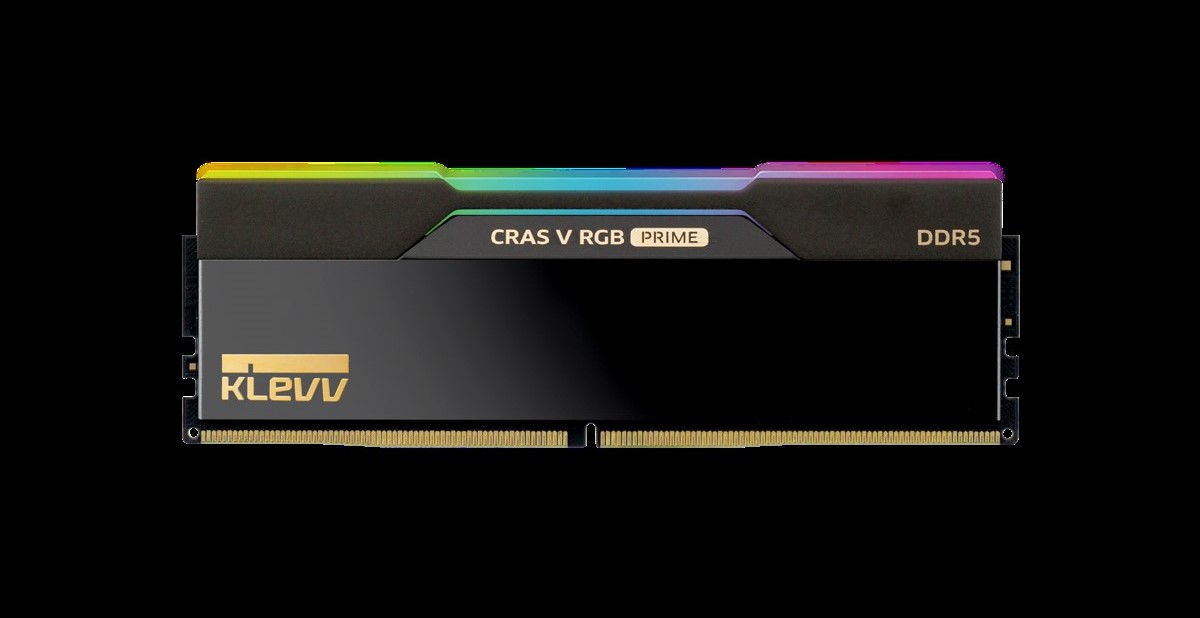 A Klevv Cras V RGB Prime DDR5 RAM stick with a colorful RGB lighting strip along the top edge.