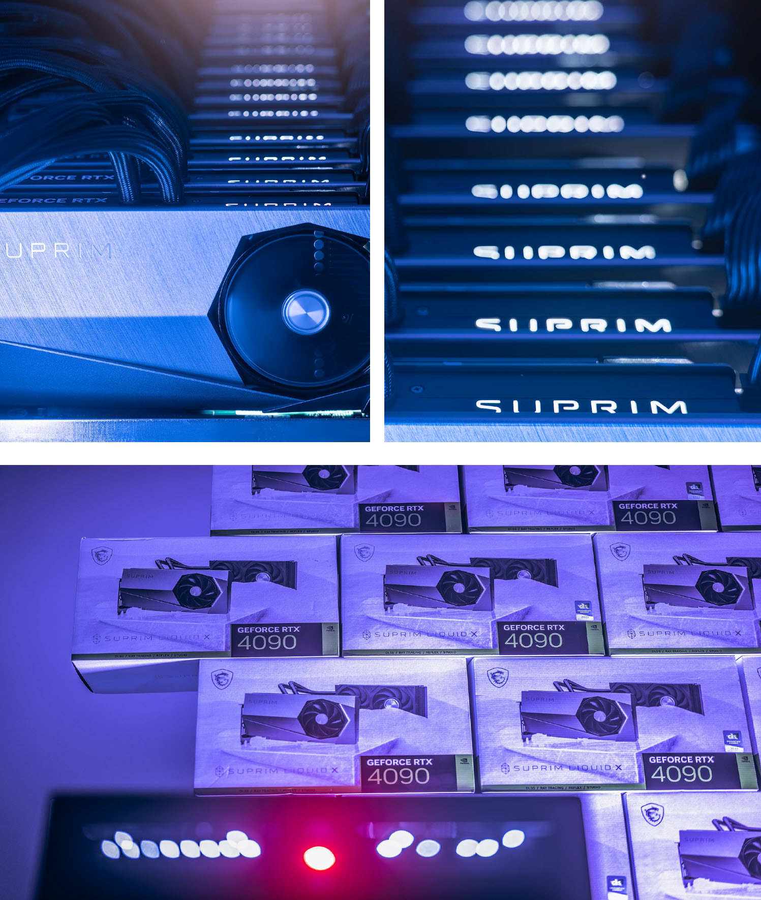 Des rangées de cartes graphiques MSI GeForce RTX 4090 Suprim sont affichées avec leur emballage visible, portant la mention 'Suprim Liquid X'.