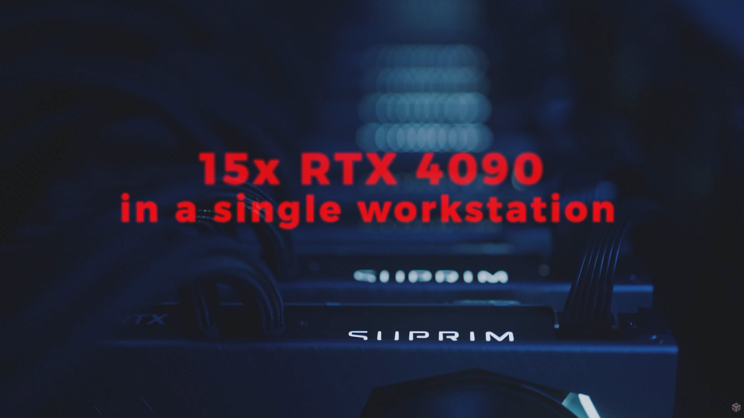 Une vue rapprochée de plusieurs cartes NVIDIA RTX 4090 étiquetées 'SUPRIM' avec un texte sur l'image indiquant '15x RTX 4090 in a single workstation'.