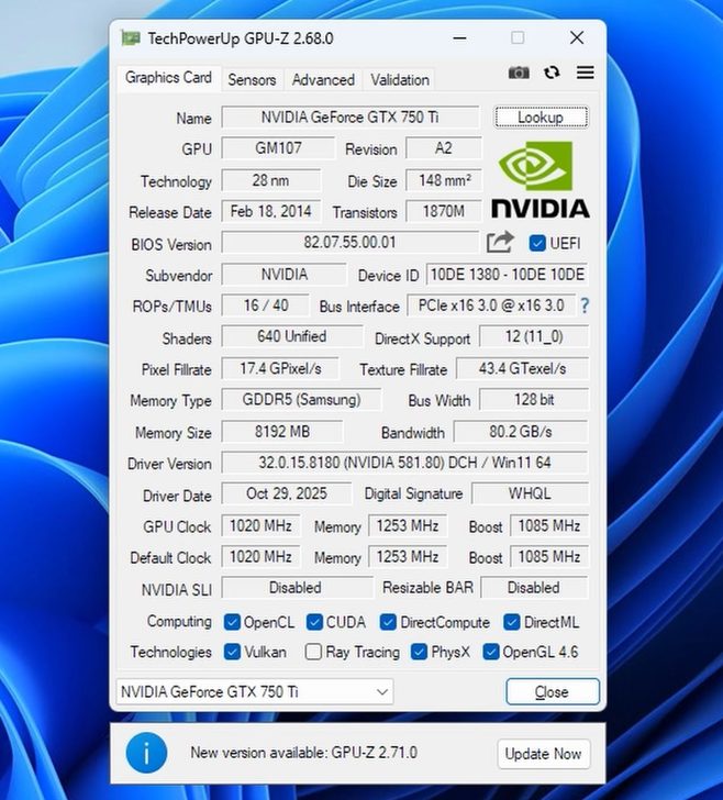 L'interface de TechPowerUp GPU-Z 2.68.0 affiche les spécifications détaillées de la NVIDIA GeForce GTX 750 Ti, avec une fréquence GPU de 1020 MHz et 8192 Mo de mémoire GDDR5.