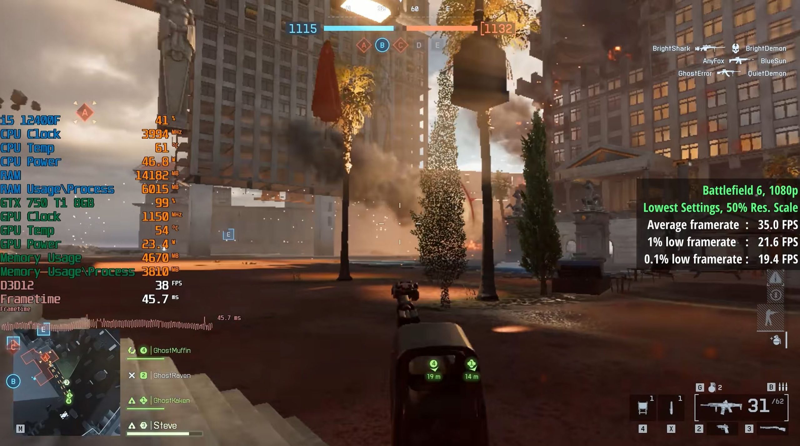Une scène de jeu de 'Battlefield 6' en 1080p montre les statistiques de performance d'un CPU Intel i5 12400F et d'un GPU GTX 750 Ti 8 Go, avec une moyenne de 35.0 FPS.
