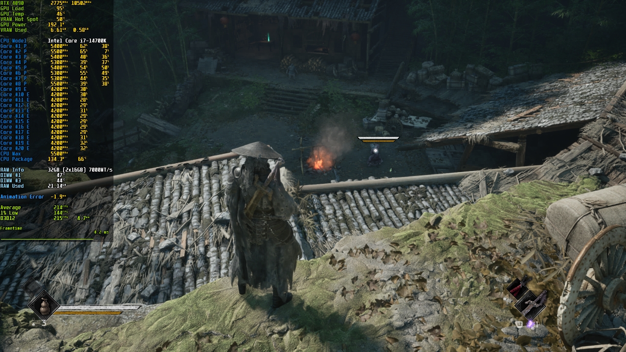 Scène de village dans Phantom Blade Zero avec un ennemi près d'un feu et des données de performance affichées à l'écran.