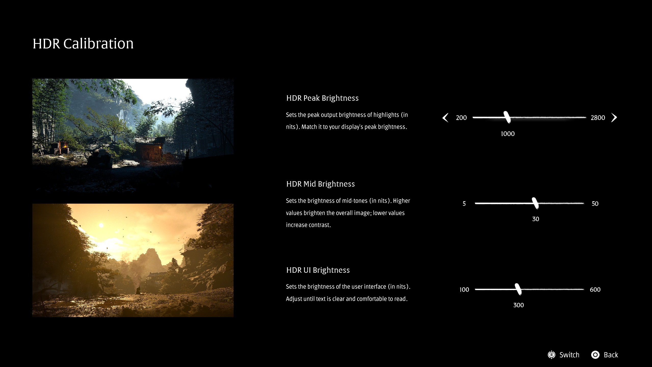 Menu de calibration HDR avec les curseurs HDR Peak Brightness, HDR Mid Brightness et HDR UI Brightness.