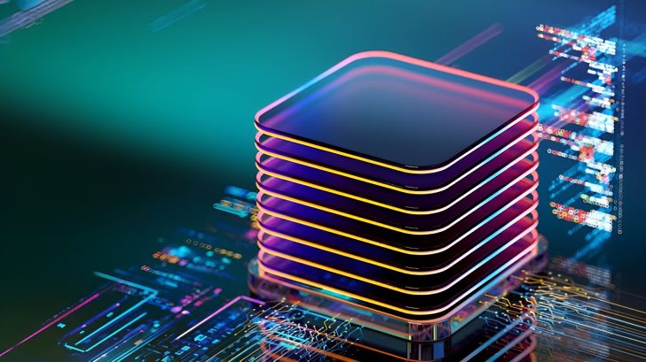 Une illustration numérique d'un concept de processeur empilé et lumineux sur un circuit imprimé futuriste.