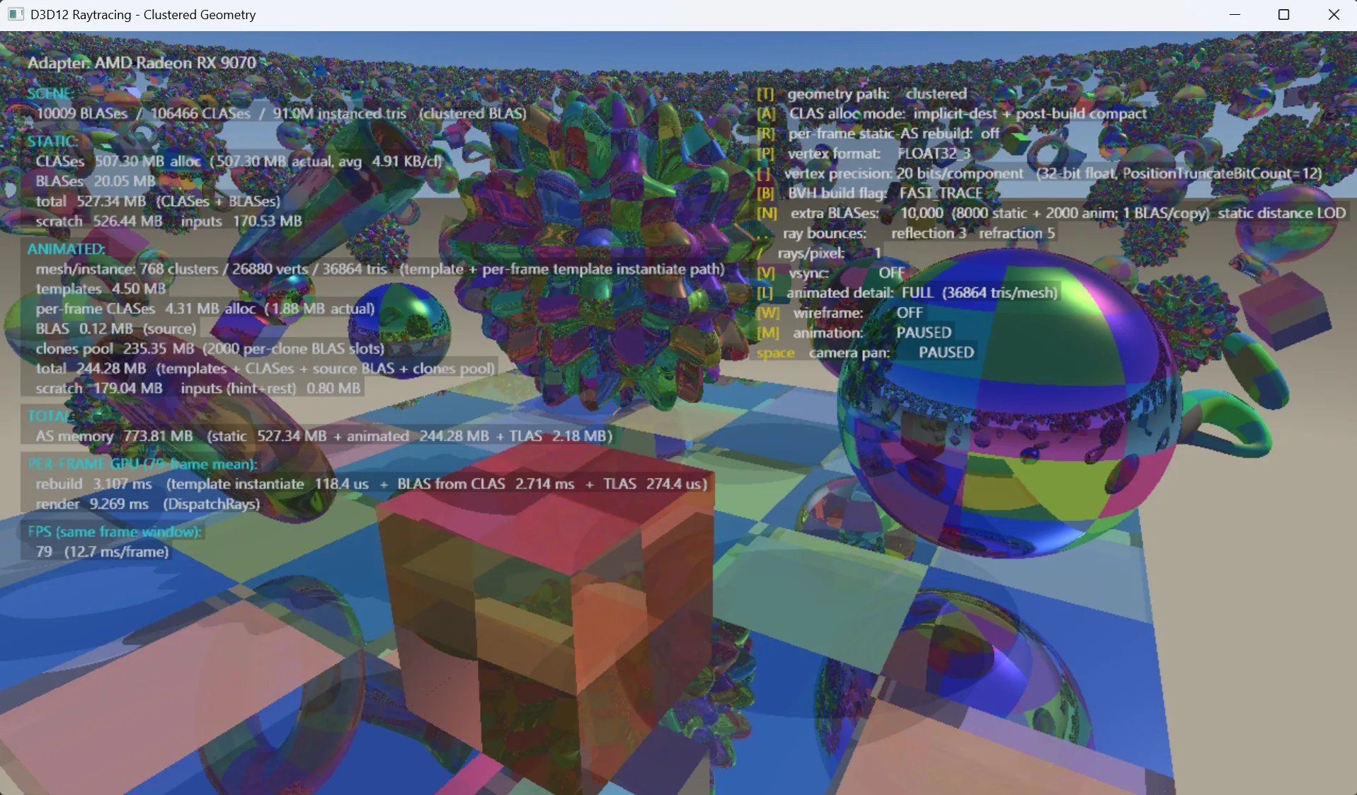Écran de démonstration technique 'D3D12 Raytracing - Clustered Geometry' avec une carte AMD Radeon RX 9070 et diverses statistiques.