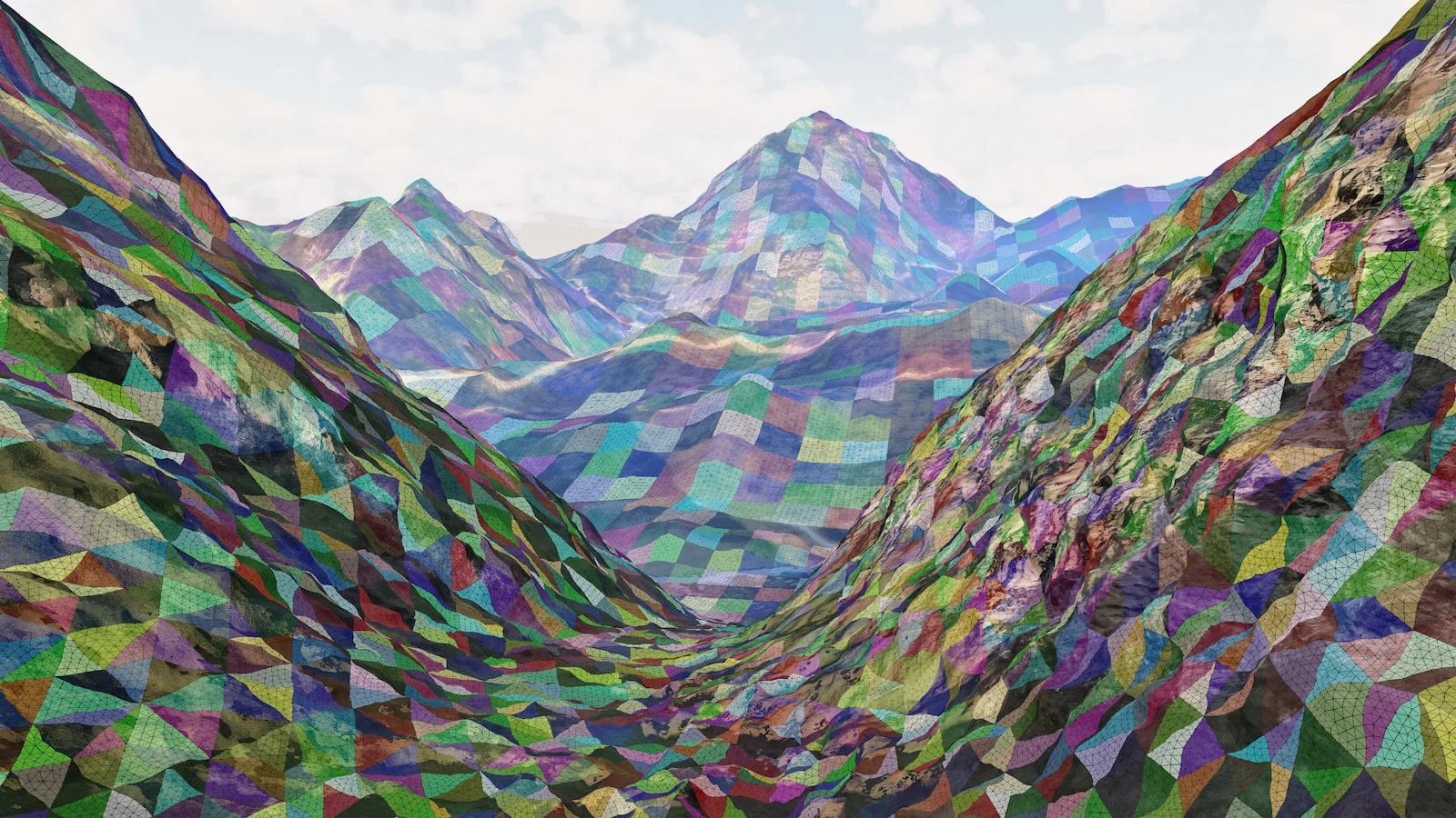 Un rendu 3D aux textures polygonales colorées couvrant un paysage montagneux.