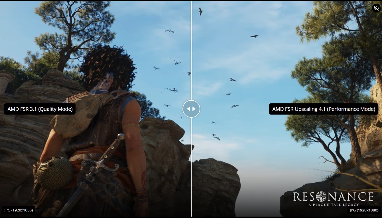 Comparaison dans 'A Plague Tale Requiem' entre FSR 3.1 (Mode Qualité) à gauche et FSR Upscaling 4.1 (Mode Performance) à droite.