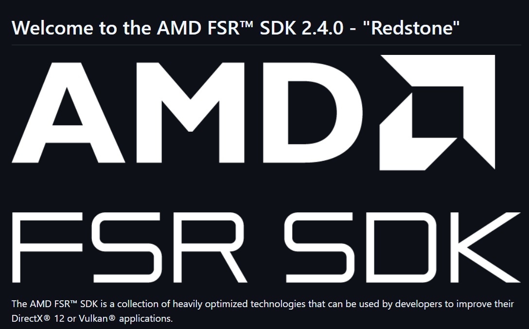 Texte de bienvenue du SDK AMD FSR 2.4.0 'Redstone' avec son logo.