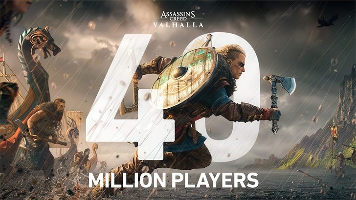 Un personnage d'Assassin's Creed Valhalla avançant avec une hache et un bouclier, avec le texte 40 millions de joueurs en évidence.