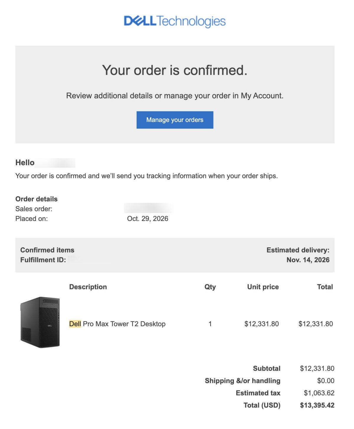 Une confirmation de commande Dell Technologies affiche un achat pour un 'Dell Pro Max Tower T2 Desktop' avec un prix total de 13 395,42€, passée le 29 octobre 2026, et une date de livraison estimée au 14 novembre 2026.