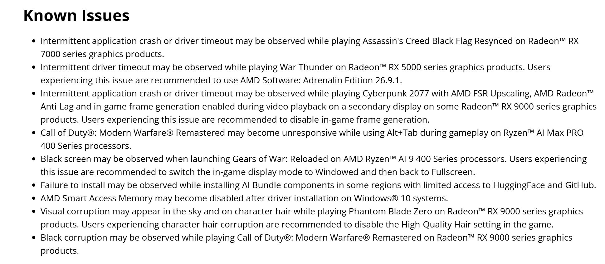 La liste des problèmes connus d'AMD, incluant des crashes sur les séries RX 7000 et des écrans noirs dans Gears of War: Reloaded sur les processeurs Ryzen AI 9 400.