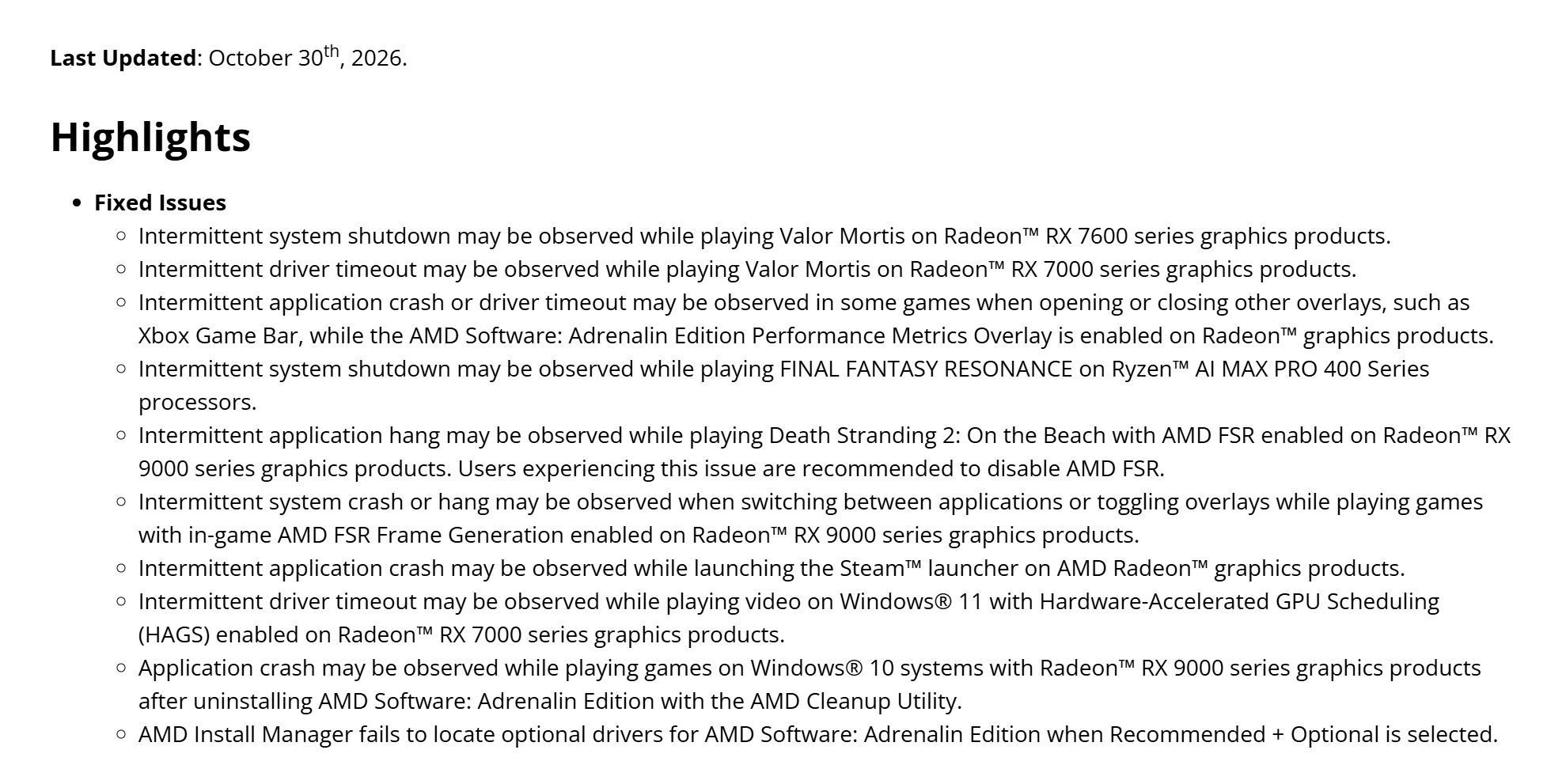 Une liste des problèmes résolus par AMD, concernant les séries Radeon RX 7600, RX 7000 et RX 9000, ainsi que des jeux spécifiques comme Valor Mortis et Death Stranding 2.