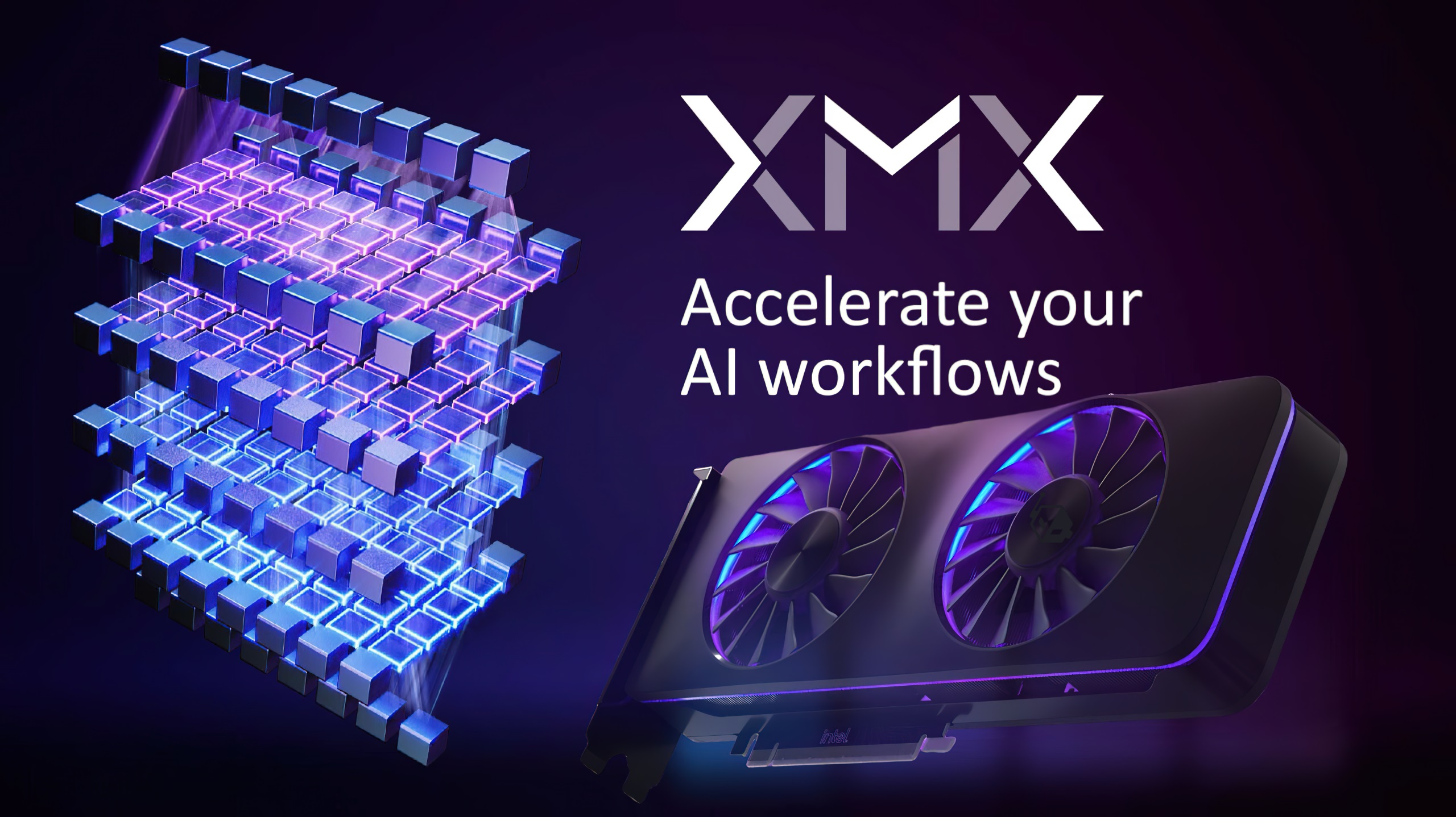Une carte graphique Intel avec deux ventilateurs à côté des mots 'Accelerate your AI workflows' et du logo 'XMX'.