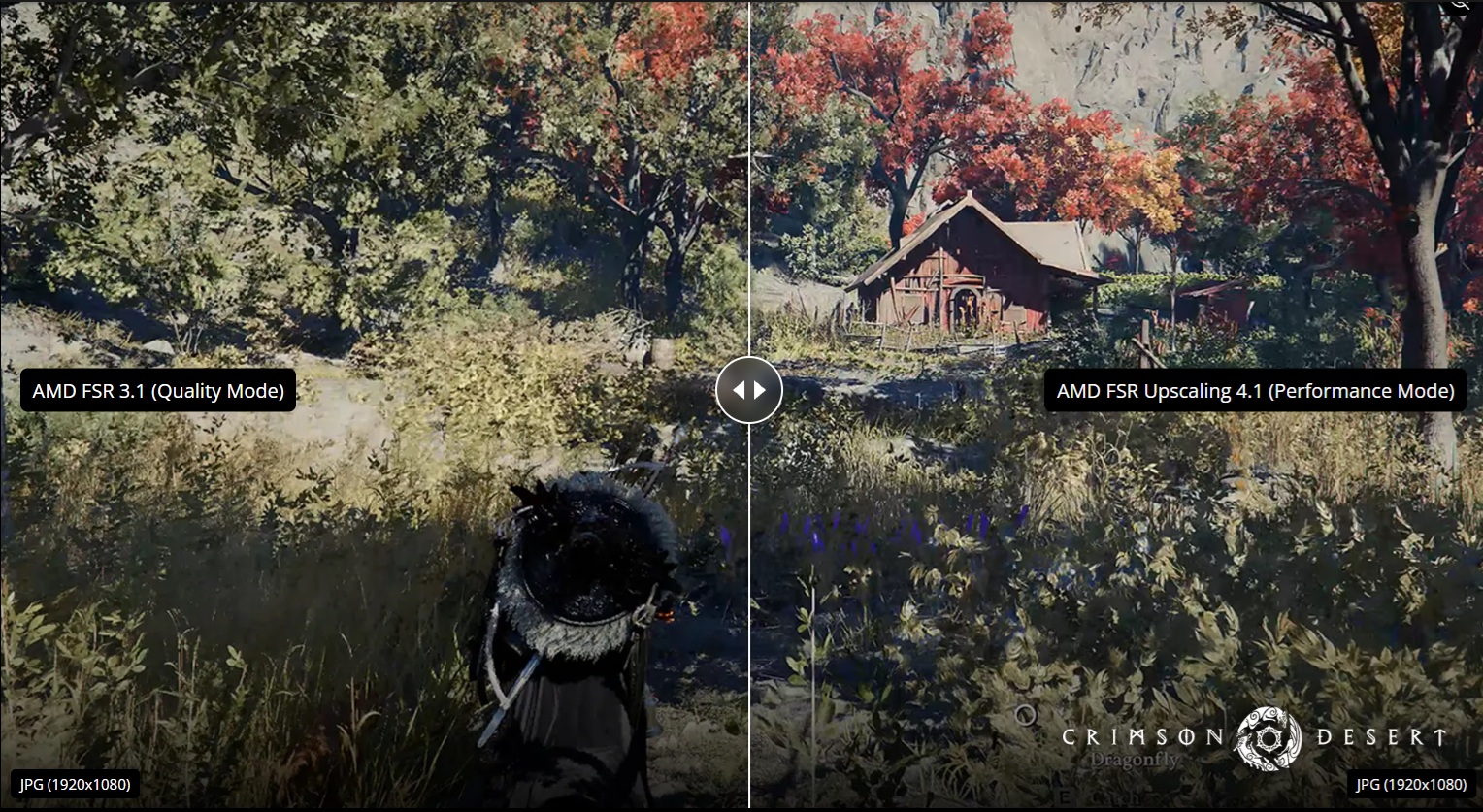 Comparaison d'image dans 'Crimson Desert' entre FSR 3.1 (Mode Qualité) à gauche et FSR Upscaling 4.1 (Mode Performance) à droite.