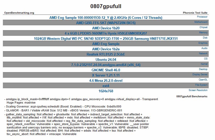 A Phoronix Test Suite result shows an AMD Eng Sample 100-000001930-12 Y CPU running at 2.40GHz with 6 cores, paired with an AMD GBR-FF6-SKT motherboard and a 1024GB Western Digital WD PC SN740 SSD, operating on Ubuntu 24.04 with a screen resolution of 1024x768.