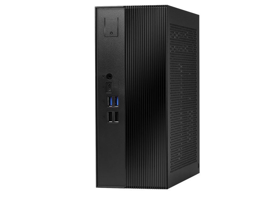 Face avant du boîtier DeskSlim X600 avec bouton marche/arrêt et ports USB.