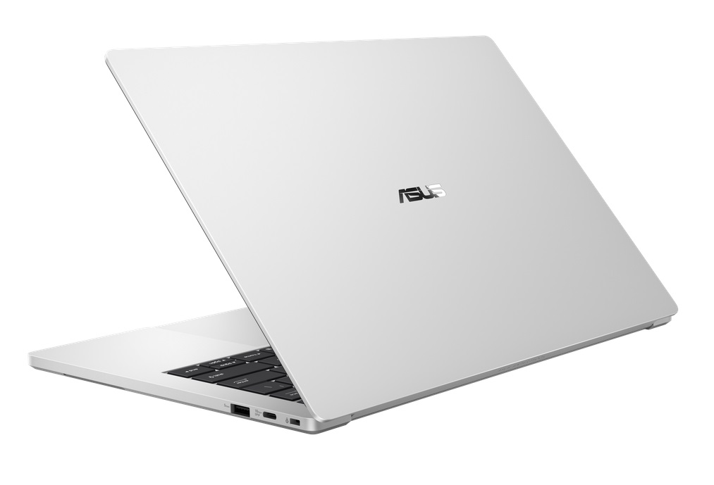 A silver ASUS laptop partially open, displaying the ASUS logo on the back of the screen.