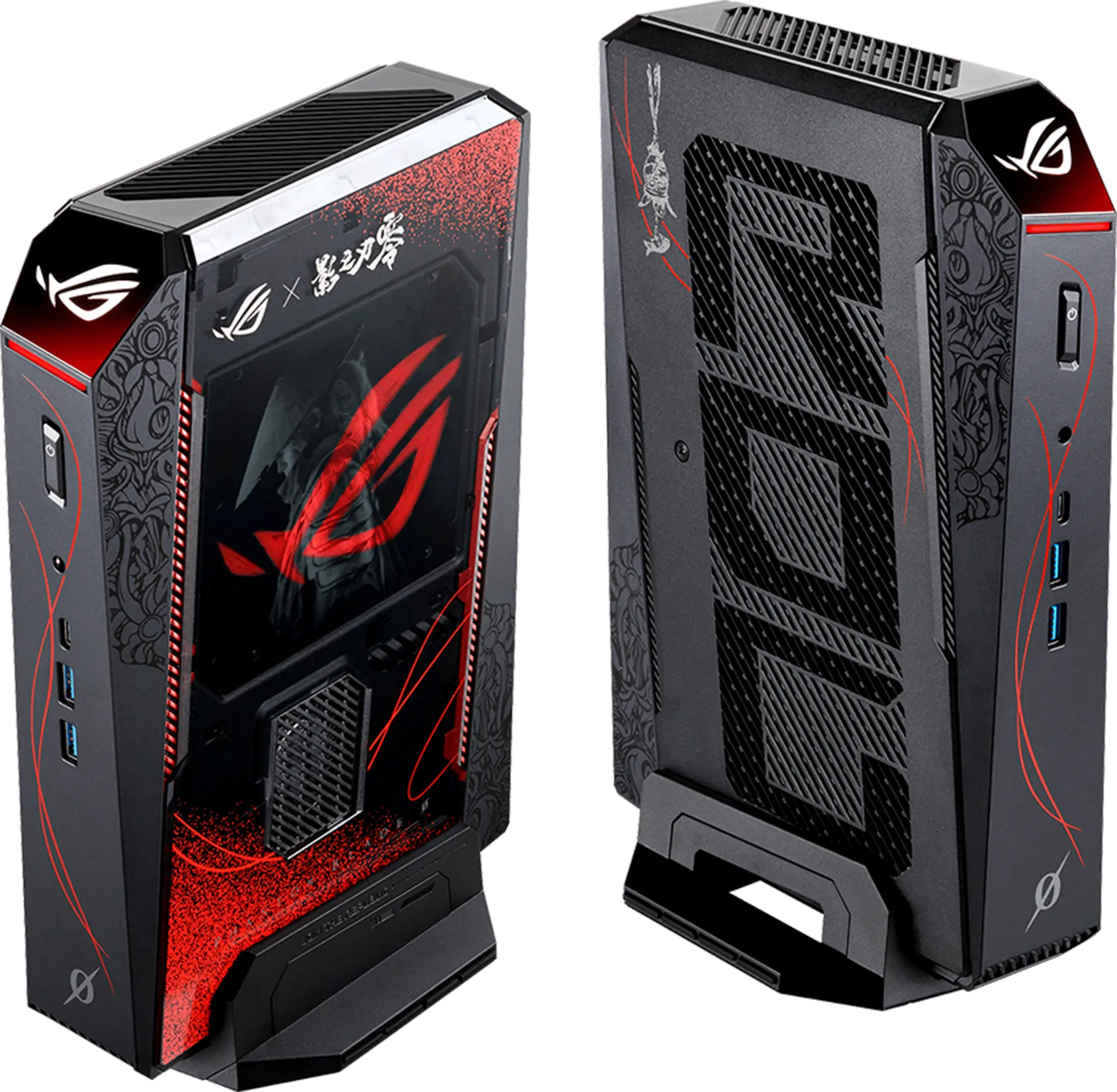 Deux mini PC gaming ASUS ROG aux designs rouge et noir, avec plusieurs ports USB à l'avant.