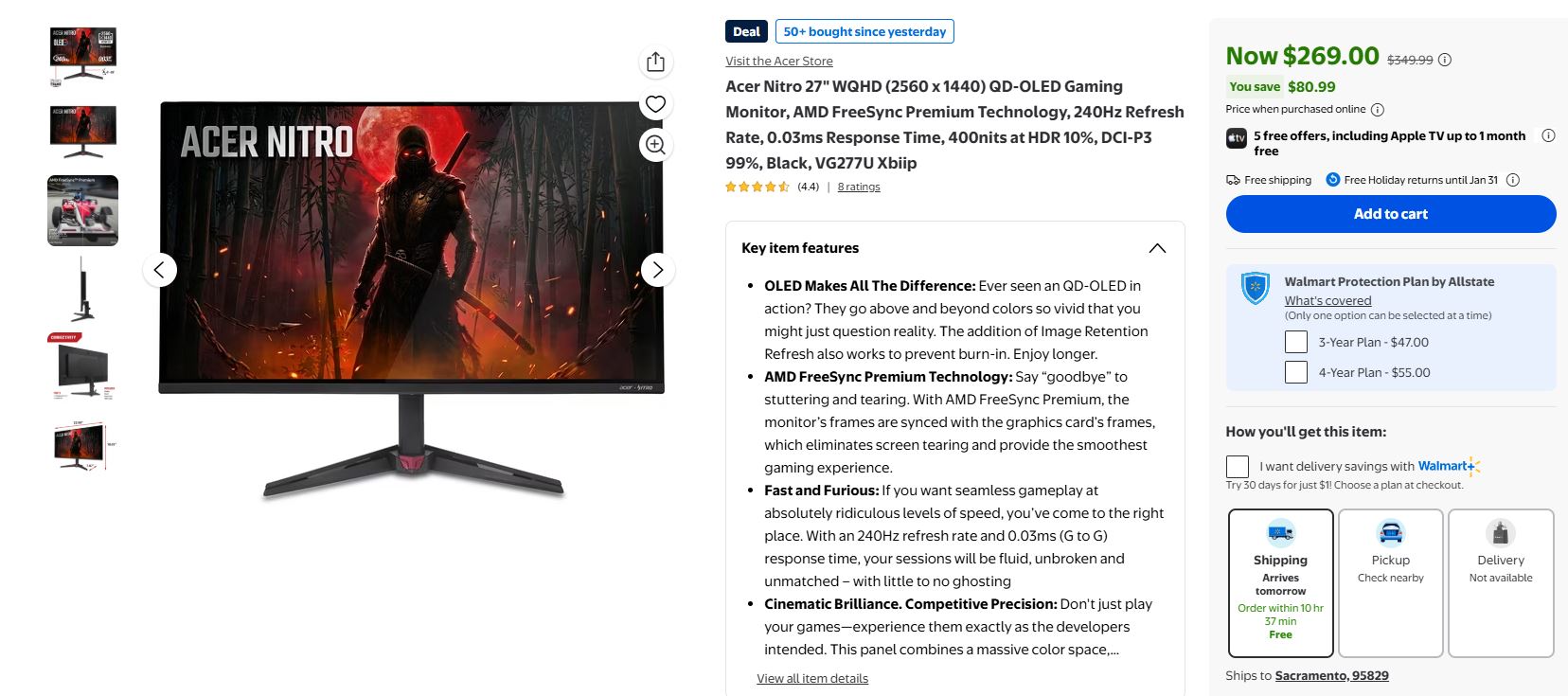The Acer Nitro VG277U XbiiP is displayed, featuring a 27 WQHD QD-OLED screen with AMD FreeSync technology, alongside a selling price of $269.00 with a discount saving of $80.99.