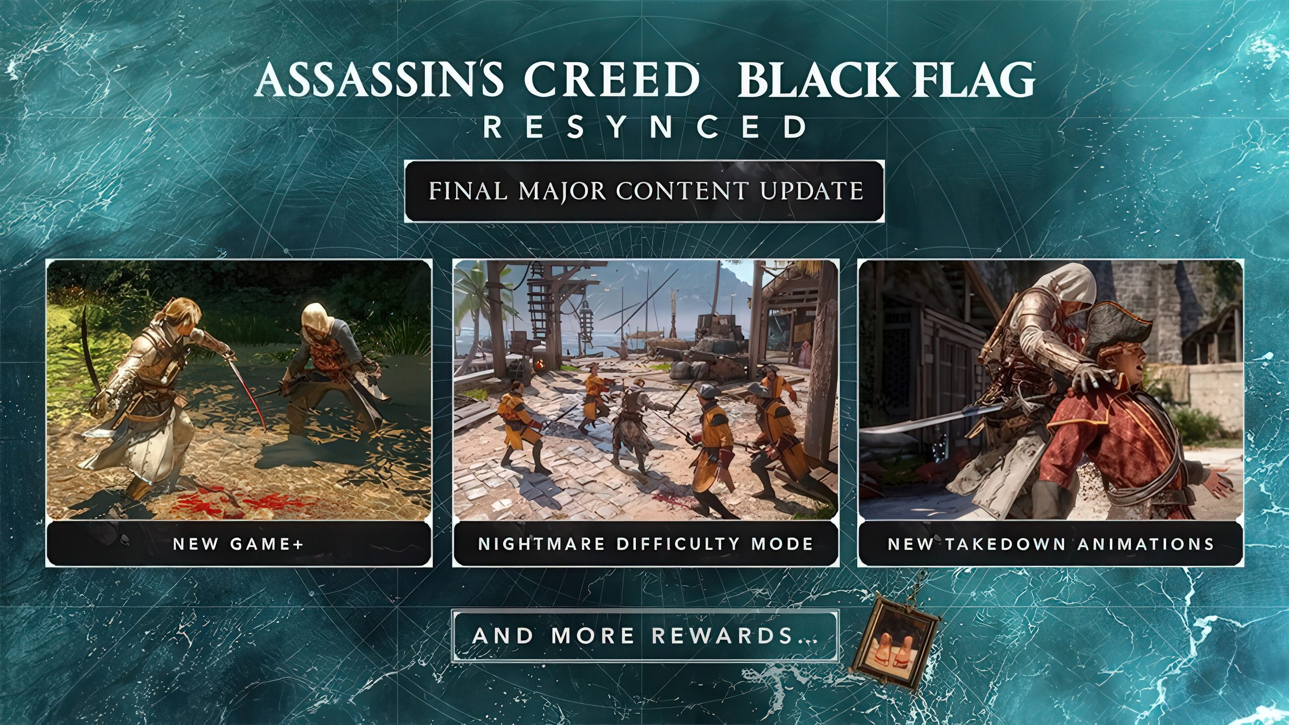 Image promotionnelle d'Assassin's Creed Black Flag Resynced, avec le texte Mise à jour majeure de contenu finale, New Game+, mode de difficulté Cauchemar, et nouvelles animations d'exécution.