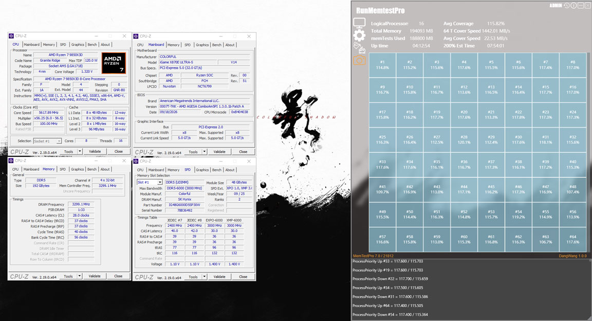 CPU-Z displays details of an AMD Ryzen 7 7800X3D processor with 8 cores and 16 threads, running at 5617.09 MHz, alongside motherboard and memory specs, while RunMemtestPro shows memory test results with an average coverage of 115.82% across 64 tests.